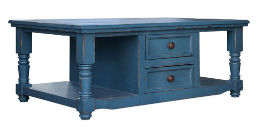 Dark blue Aruba 4-drawer cocktail table by International Furniture Direct, showcasing its sleek design and sturdy construction.