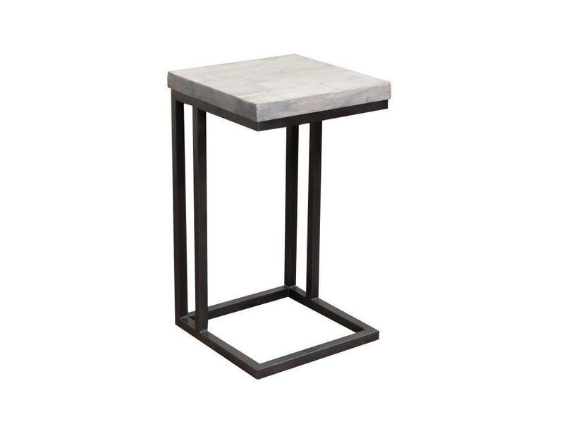 C-shaped end table with iron base and wooden top by International Furniture Direct, featuring a modern, rustic design.