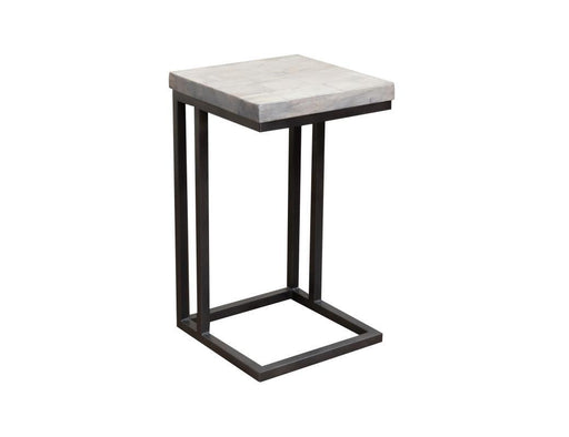 C-shaped end table with iron base and wooden top by International Furniture Direct, featuring a modern, rustic design.