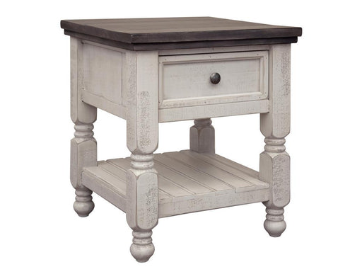 Stone 1 drawer end table with shelf by International Furniture Direct, featuring a rustic wood finish and sturdy construction.