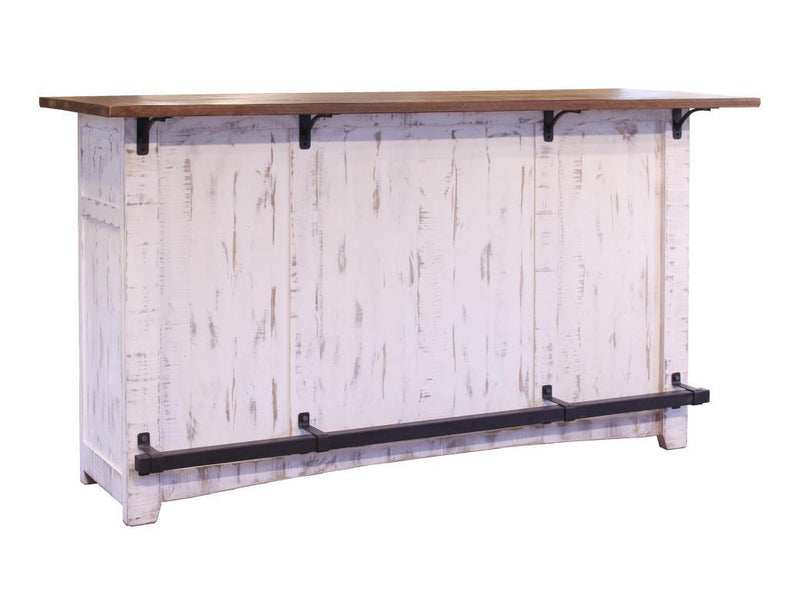 International Furniture Direct Pueblo White bar table with 2 drawers, 2 shelves, and 2 doors, showcasing a stylish and functional design.
