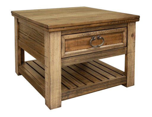 International Furniture Direct Montana 1 Drawer End Table with wood finish and simple design, showing the tabletop and drawer detail.