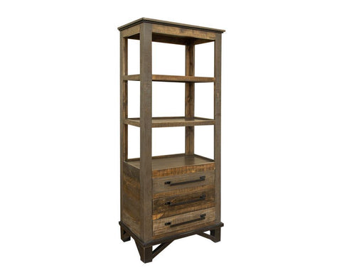 Loft Brown 3-Drawer Pier Bookcase by International Furniture Direct showing a stylish wooden storage and display unit with drawers and shelves.
