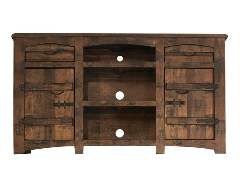 International Furniture Direct 60" TV stand with two doors, two drawers, and three shelves for modern living room storage.