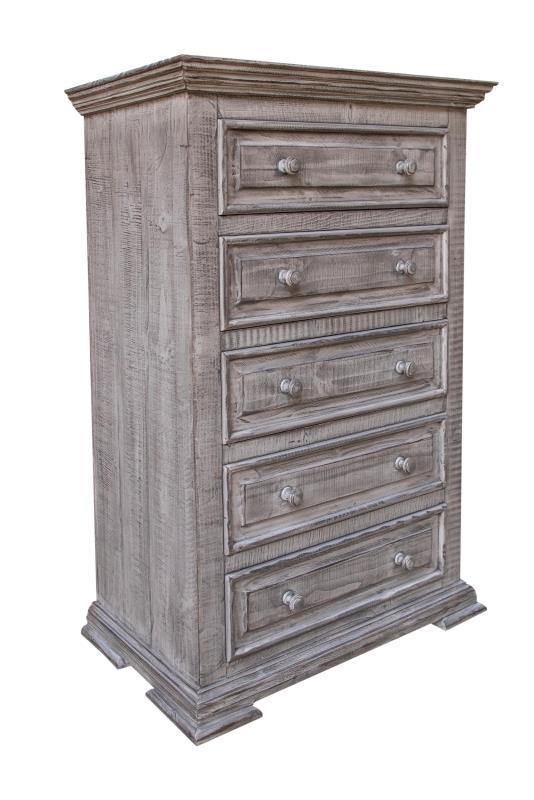 Terra Gray 5 Drawer Chest by International Furniture Direct, showcasing a modern gray wood storage furniture with five spacious drawers.