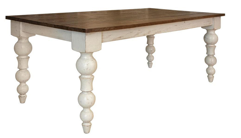 Rustic Rock Valley dining table with turned wood legs by International Furniture Direct, showcasing a sturdy wooden surface.