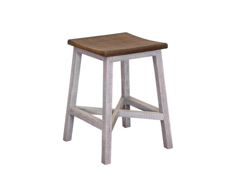 Gray Pueblo 24-inch barstool by International Furniture Direct with wooden legs and a cushioned seat, suitable for kitchen or bar areas.
