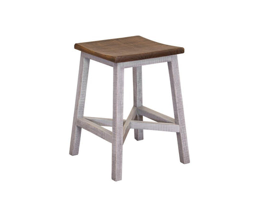 Gray Pueblo 24-inch barstool by International Furniture Direct with wooden legs and a cushioned seat, suitable for kitchen or bar areas.