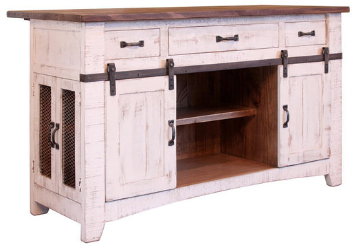 International Furniture Direct Pueblo White kitchen island with 3 drawers, 2 sliding doors, and 2 mesh doors on each side.