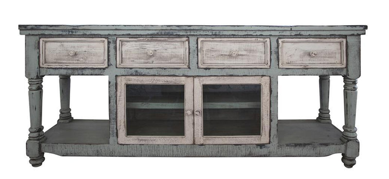 Aruba 70-inch TV stand by International Furniture Direct in sky blue, with four white drawers and two white doors.