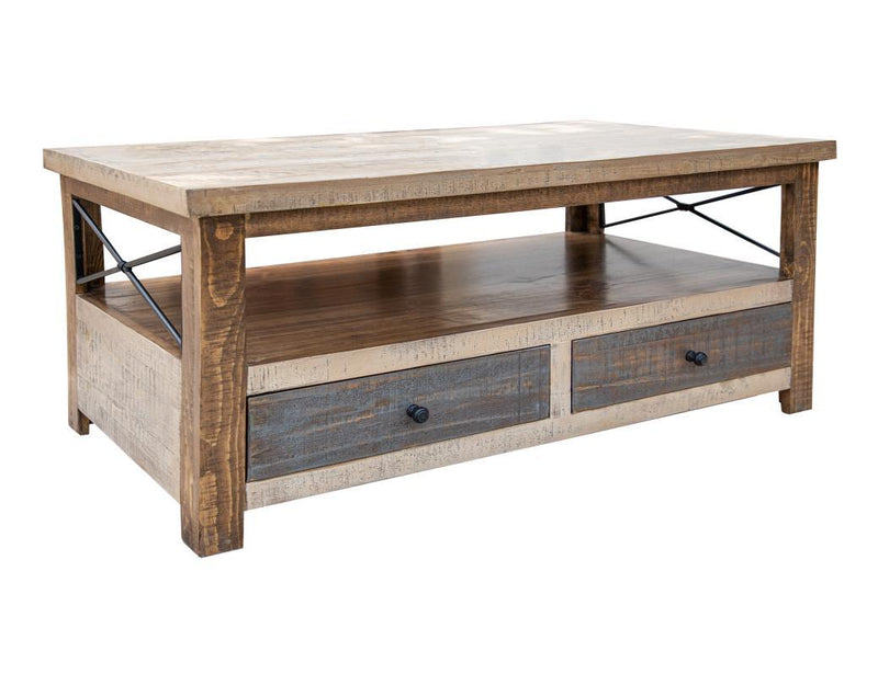 Andaluz 4 drawers cocktail table by International Furniture Direct with dark wood finish and metal hardware, modern rustic design.
