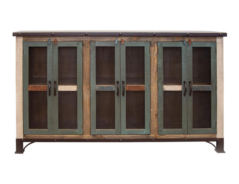 Antique multicolor 71-inch console table with six iron mesh door panels and middle shelves, by International Furniture Direct.