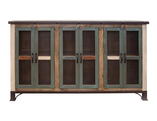 Antique multicolor 71-inch console table with six iron mesh door panels and middle shelves, by International Furniture Direct.