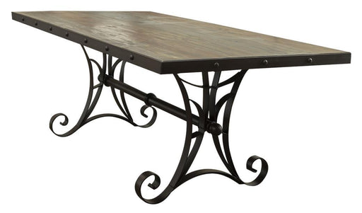 Antique multicolor 79-inch dining table with iron base from International Furniture Direct, showcasing a rustic wooden surface.