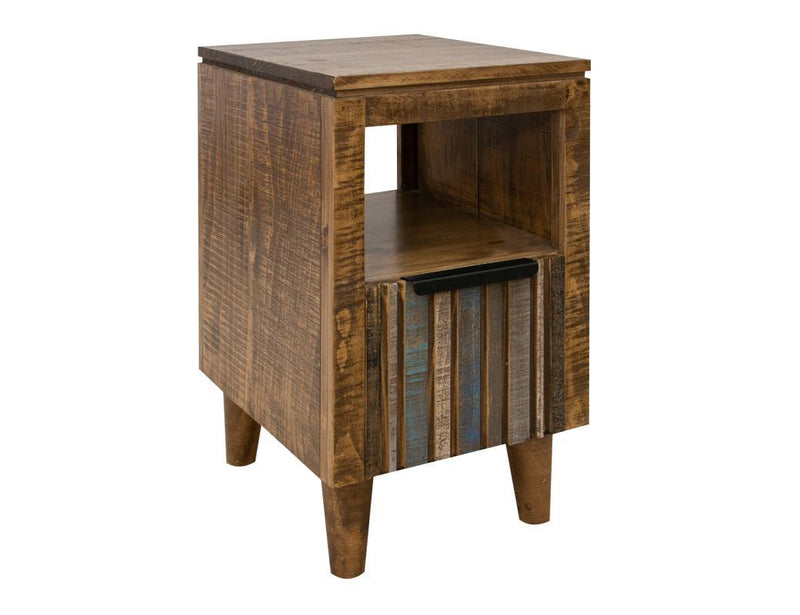 Blue Tiza 1 Drawer Chair Side End Table with multicolor doors by International Furniture Direct, showcasing a modern, colorful design.