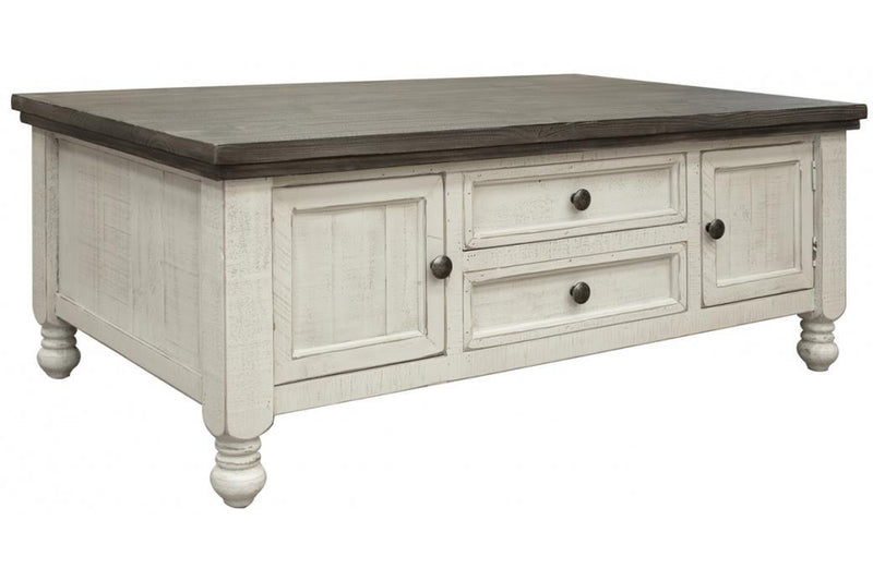 Stone 4-drawer cocktail table by International Furniture Direct featuring a rustic design and sturdy wooden construction.