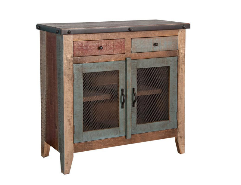 Antique multicolor cabinet with two drawers and two mesh doors by International Furniture Direct, showcasing detailed wood finish and design