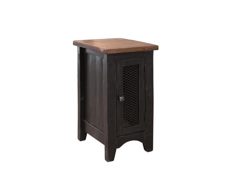 Black mesh door end table from International Furniture Direct, featuring a Pueblo style design and sturdy wooden construction.