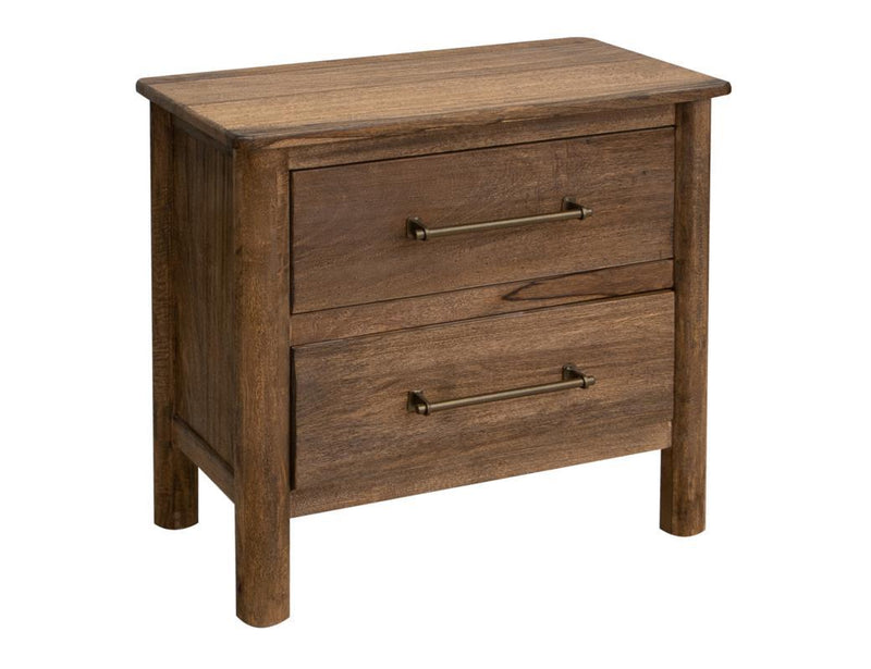 Olimpia 2-drawer nightstand by International Furniture Direct with wood finish and modern design, placed beside a bed.