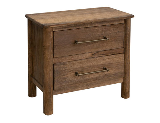 Olimpia 2-drawer nightstand by International Furniture Direct with wood finish and modern design, placed beside a bed.