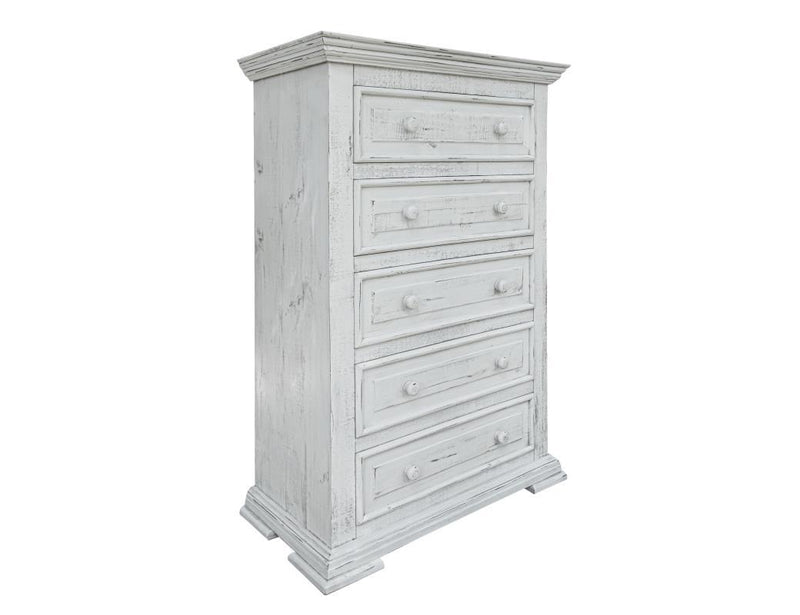 White Terra 5 Drawer Chest by International Furniture Direct featuring sleek drawers and a modern design.