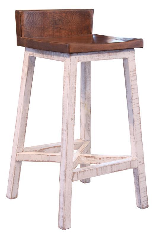 White Pueblo 30-inch barstool with wooden seat and base by International Furniture Direct, showcasing a sleek white finish.