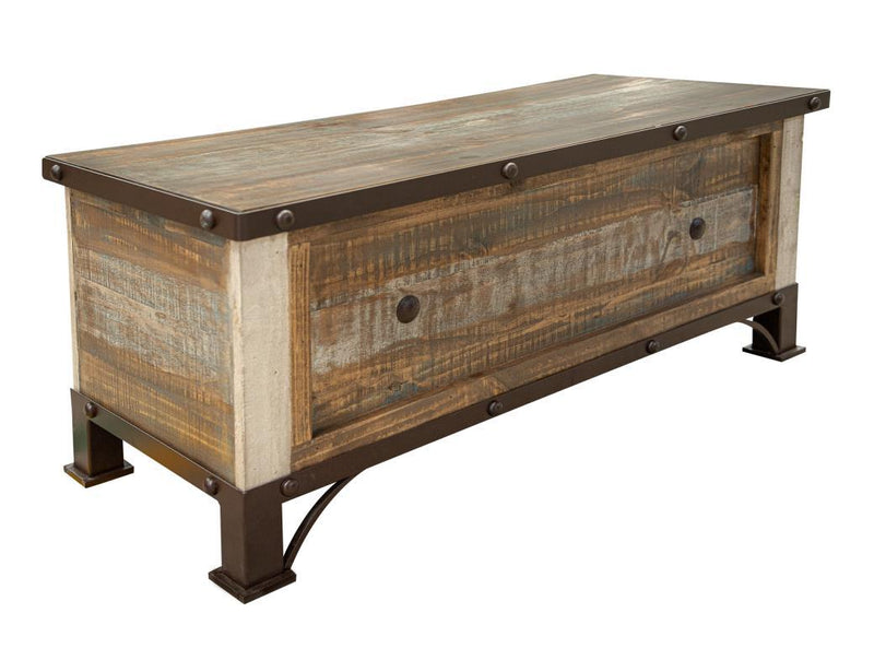 Antique multicolor bedroom storage trunk by International Furniture Direct, showing a vintage wooden trunk with decorative multicolor finish.
