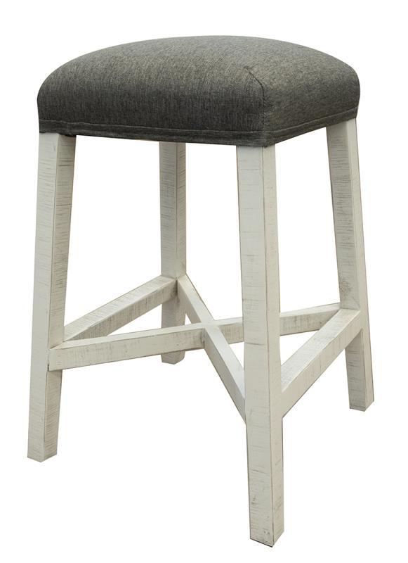 Stone 24-inch barstool with fabric seat and ivory finish by International Furniture Direct, showing the stool's elegant design and upholstery.