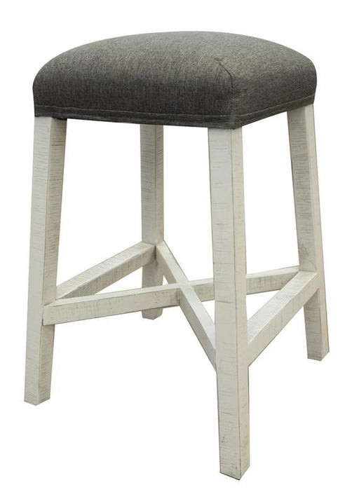 Stone 24-inch barstool with fabric seat and ivory finish by International Furniture Direct, showing the stool's elegant design and upholstery.