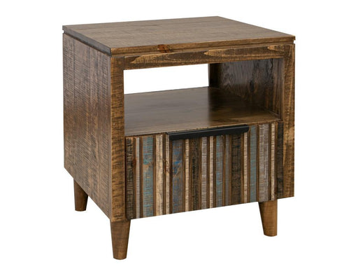 Blue end table with one multicolor drawer, 1 drawer storage, from International Furniture Direct, featuring a modern design.