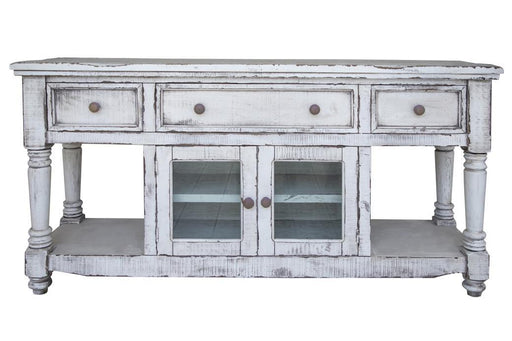 White Aruba 70-inch TV stand with 3 drawers and 2 doors from International Furniture Direct, showcasing a modern wooden design.