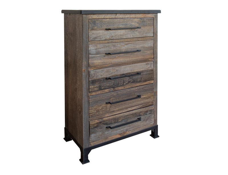 Antique gray 5-drawer chest by International Furniture Direct, featuring classic wooden design and vintage-style hardware.