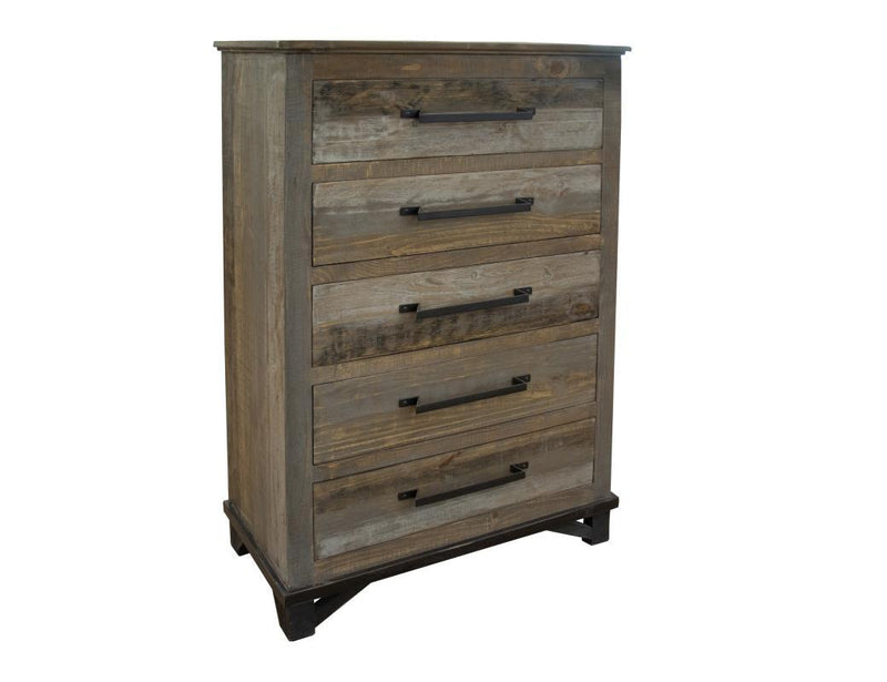 Loft Brown 5 Drawer Chest by International Furniture Direct showing a rustic wooden storage dresser with five spacious drawers.