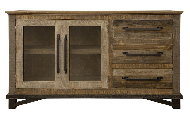 Loft brown buffet with three drawers and two doors by International Furniture Direct, showcasing a stylish storage piece.