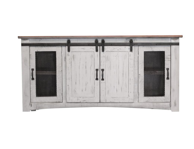International Furniture Direct Pueblo White 70-inch TV stand with four doors and open shelves for modern living room storage.