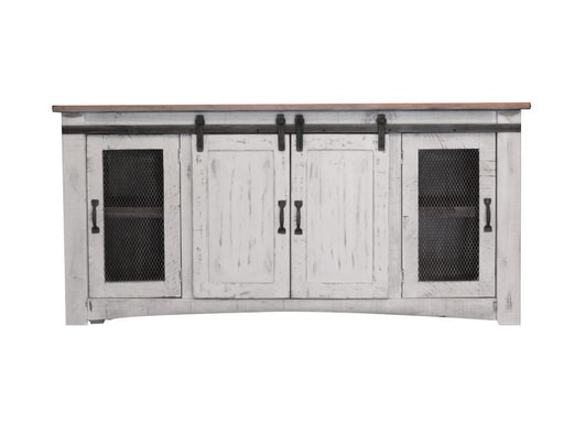International Furniture Direct Pueblo White 70-inch TV stand with four doors and open shelves for modern living room storage.