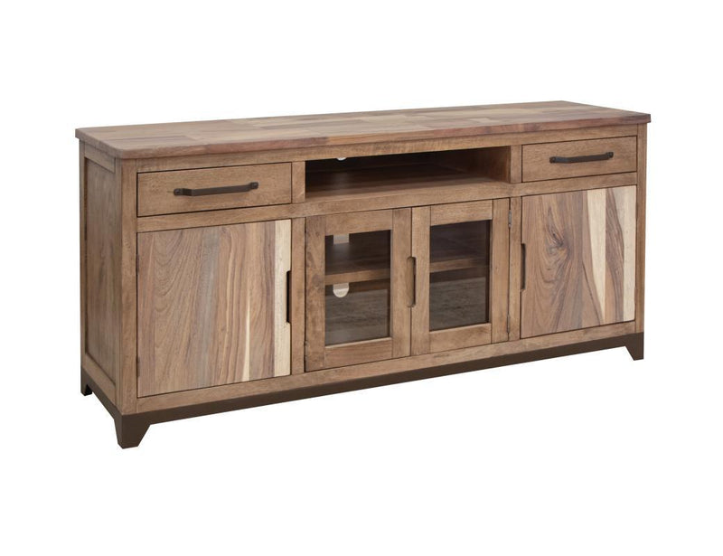 Natural Parota wood TV stand with 2 drawers, 2 glass doors, and 2 solid doors, designed for 70-inch TVs by International Furniture Direct.