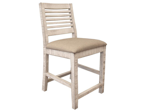 Stone 24-inch barstool with ivory finish and fabric seat by International Furniture Direct, showing the stool's elegant design and upholstery
