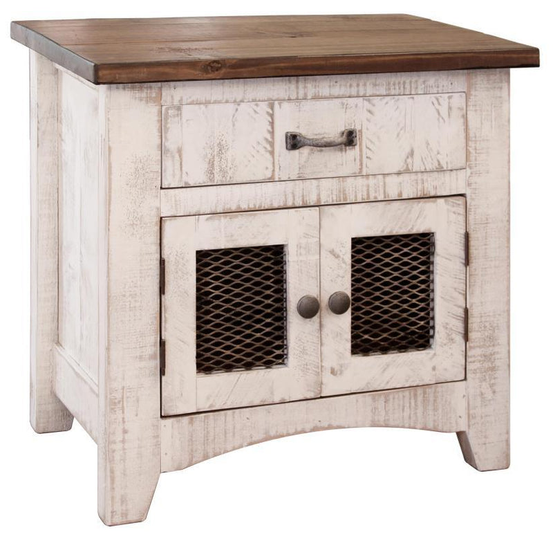 White nightstand with one drawer and two mesh doors from International Furniture Direct, showcasing its modern design.