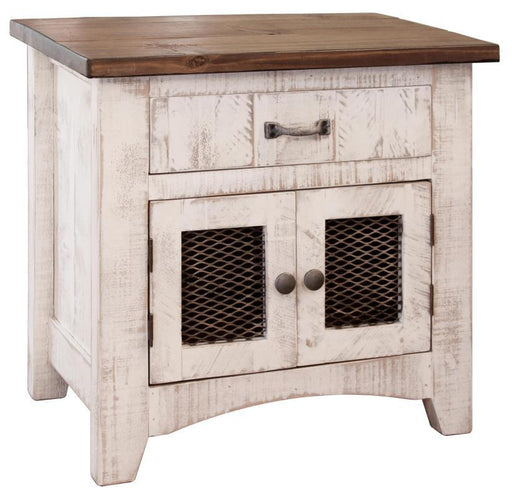 White nightstand with one drawer and two mesh doors from International Furniture Direct, showcasing its modern design.