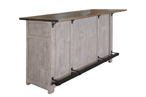International Furniture Direct Pueblo Gray bar table with 2 drawers and doors, featuring a stylish and functional design.