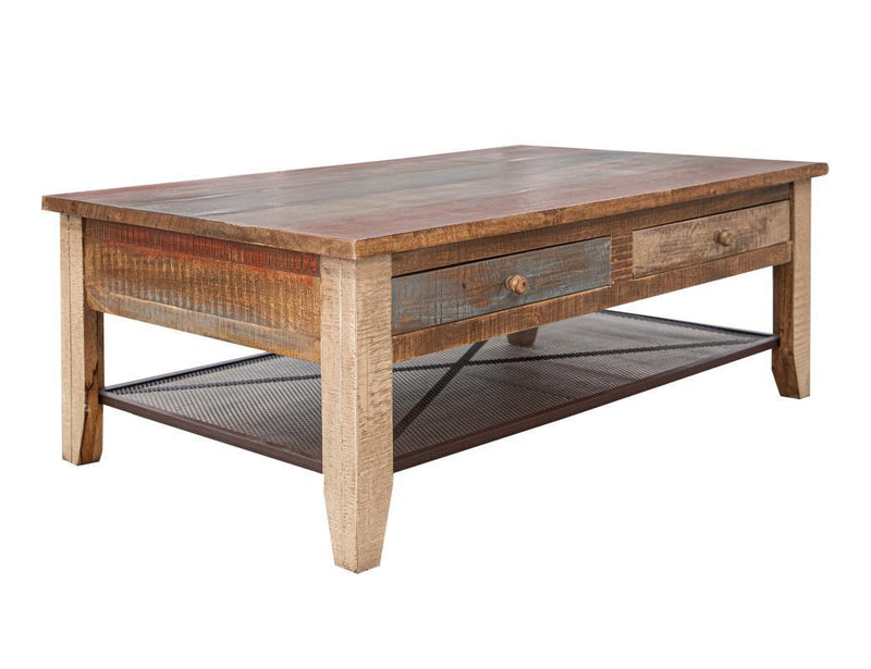Antique multicolor cocktail table with four drawers from International Furniture Direct, showcasing a vintage-style living room piece.