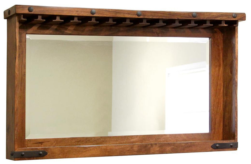 Parota mirror bar with glass holders and shelf from International Furniture Direct, showcasing a stylish wooden mirror with storage features.