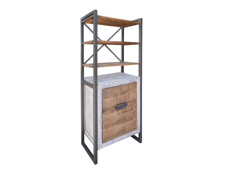 Mita 2-drawer and 3-shelf wood bookcase by International Furniture Direct, showcasing open shelves and storage drawers in natural wood finish.