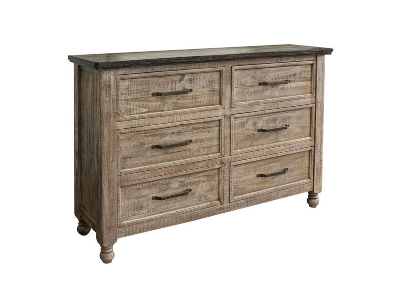 Natural stone dresser with six drawers from International Furniture Direct, showcasing a rustic wooden finish and detailed craftsmanship.