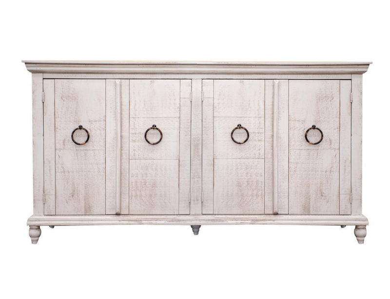 Ivory finish Capri Console with four doors by International Furniture Direct, showcasing a stylish and functional entryway storage piece.