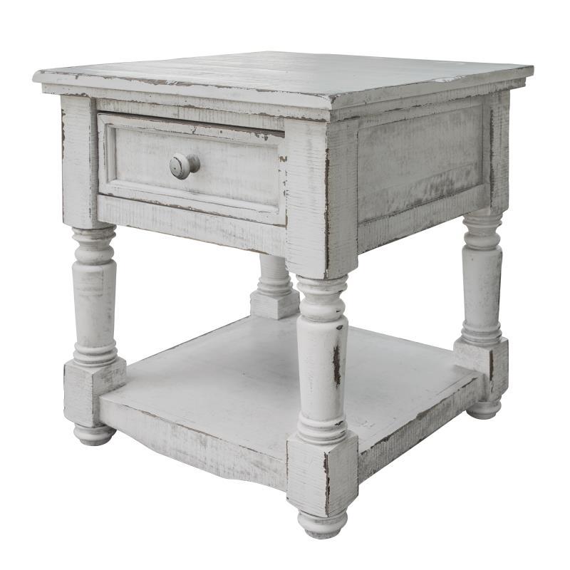 Aruba 1 drawer end table with white finish, by International Furniture Direct, featuring a sleek, modern design with a wooden surface.