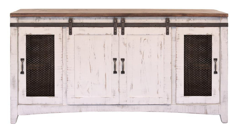 White Pueblo TV stand with four doors from International Furniture Direct, featuring a modern design for living room organization.