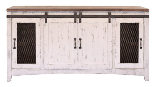 White Pueblo TV stand with four doors from International Furniture Direct, featuring a modern design for living room organization.