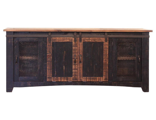 Black 70-inch TV stand with four doors and open shelves by International Furniture Direct, featuring a modern design.